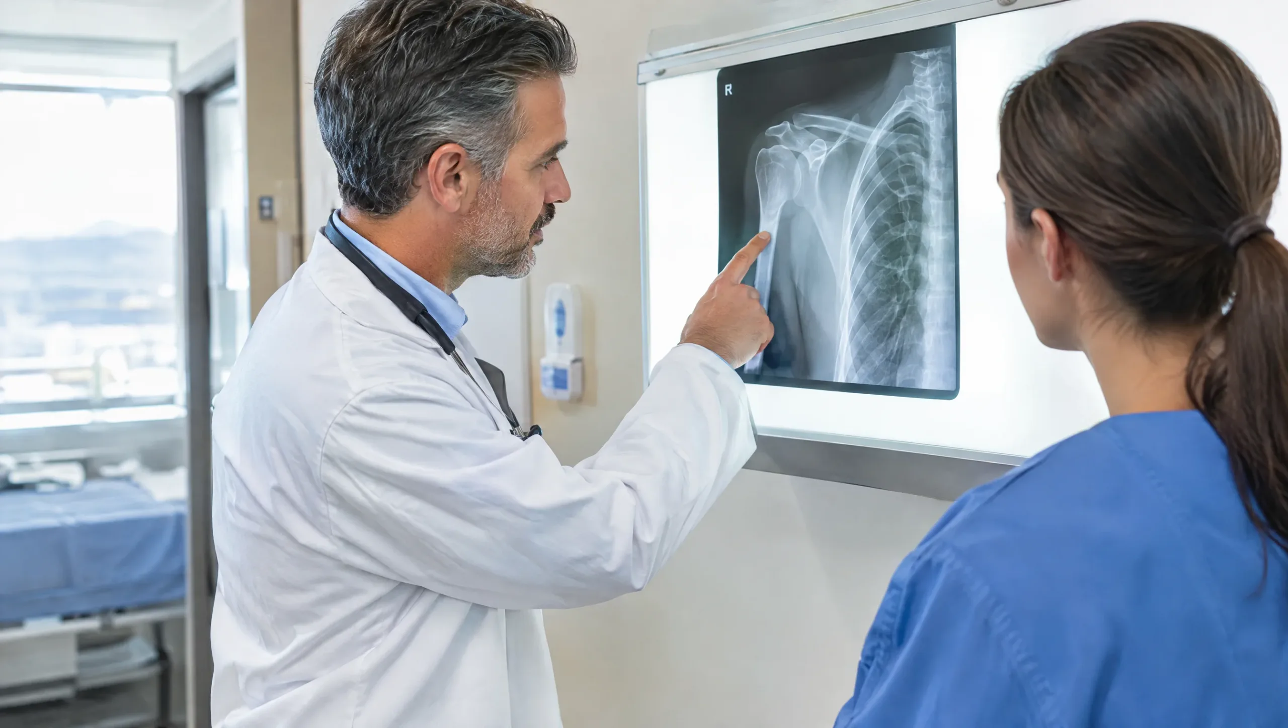 Surgeon and physiotherapist consulting on a shoulder X-ray for a rotator cuff tear surgery decision