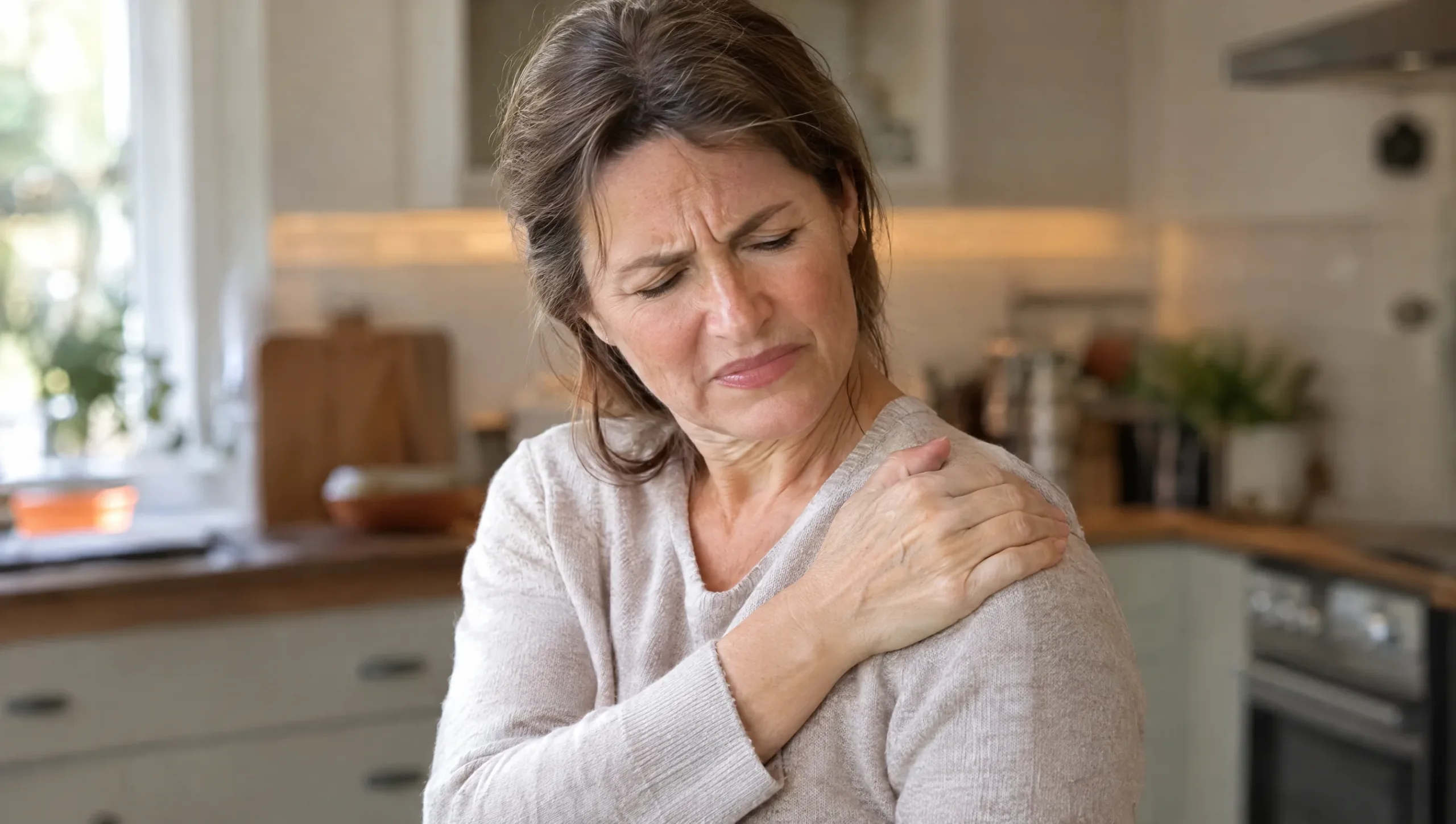 Person wincing with shoulder pain, a sign of possible rotator cuff tear