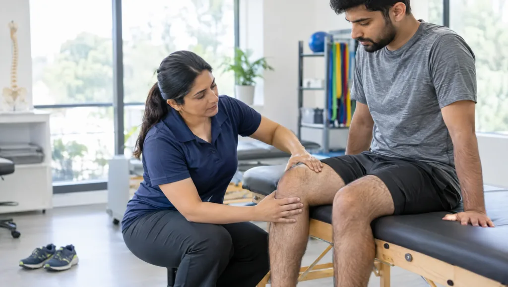 Physiotherapist assessing a patient's knee for runner's knee physiotherapy treatment in Rawalpindi