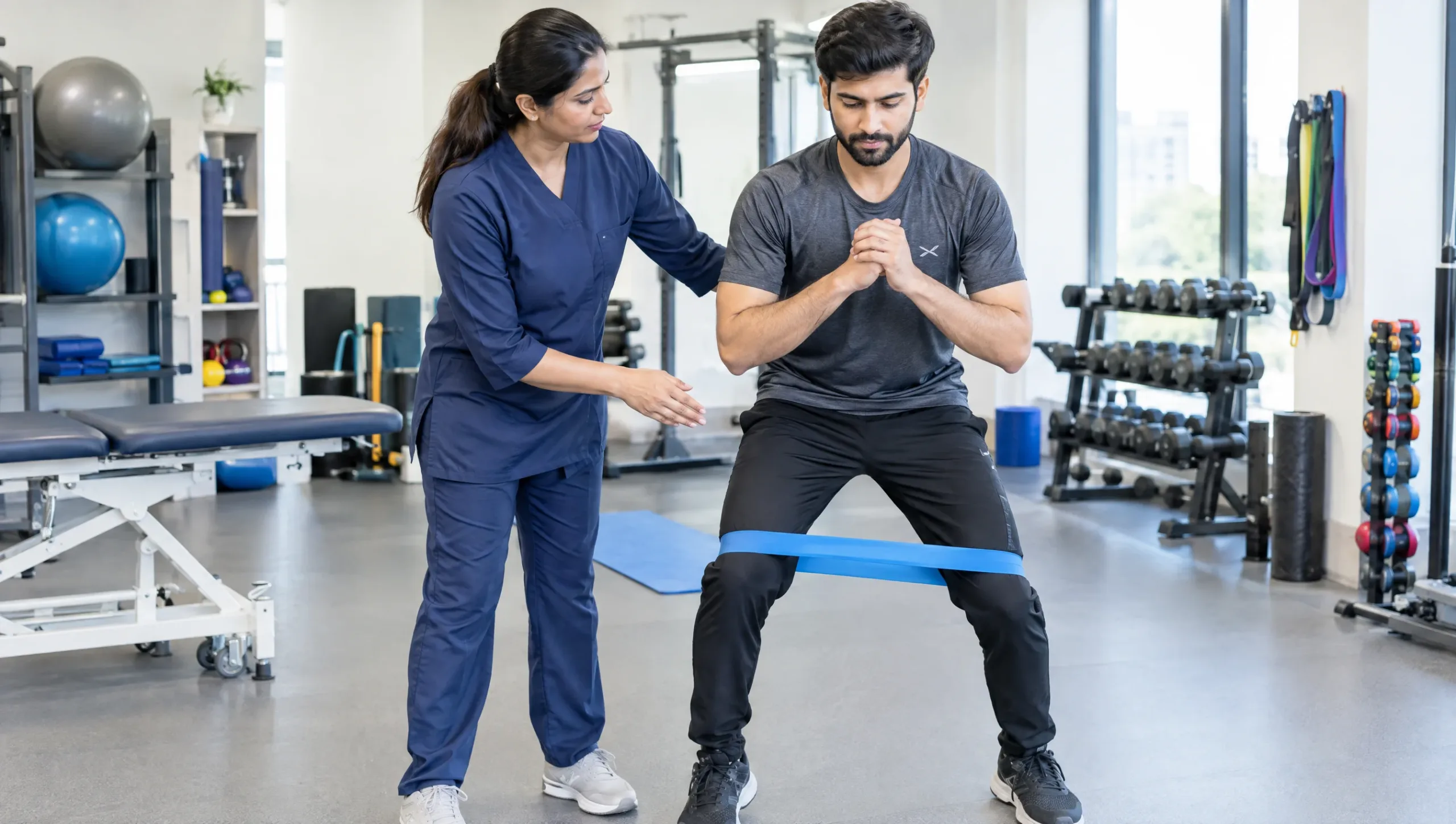 Physiotherapist guiding a hip strengthening exercise as part of runner's knee physiotherapy treatment