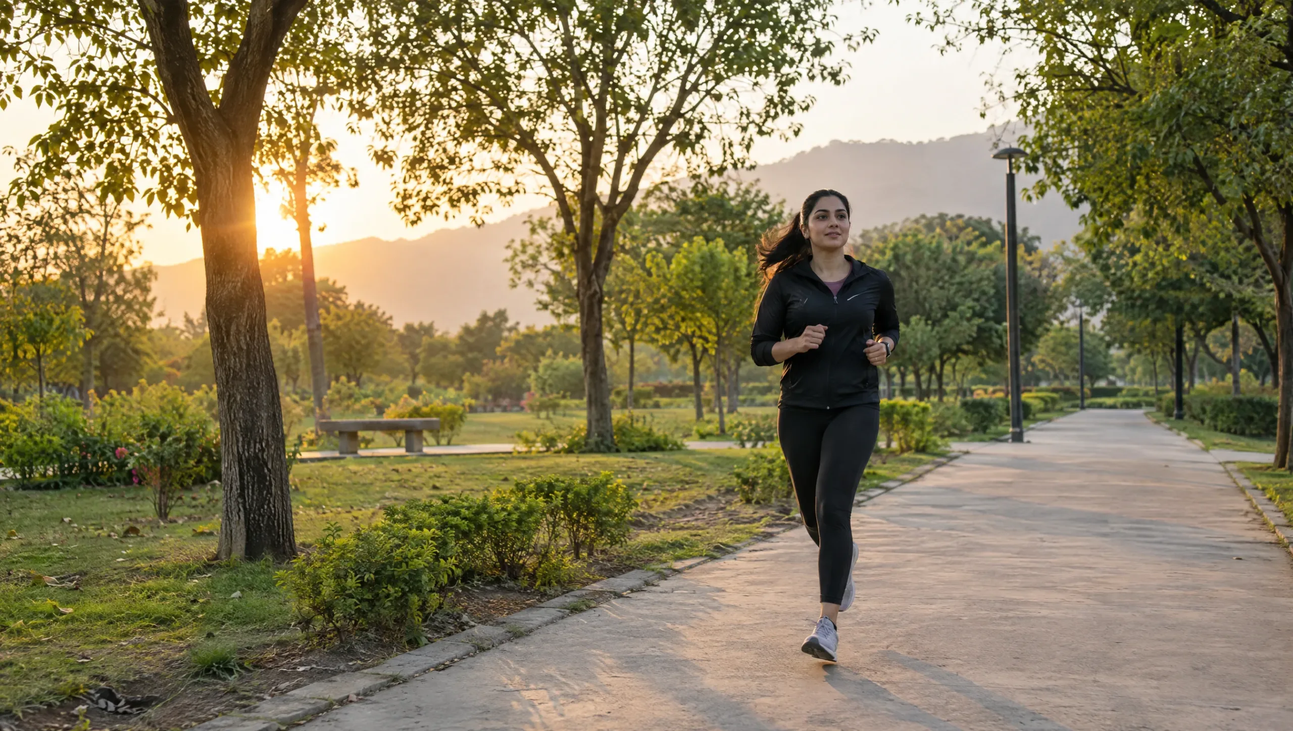 Jogger running on a hard concrete park path in Islamabad, a common cause of runner's knee