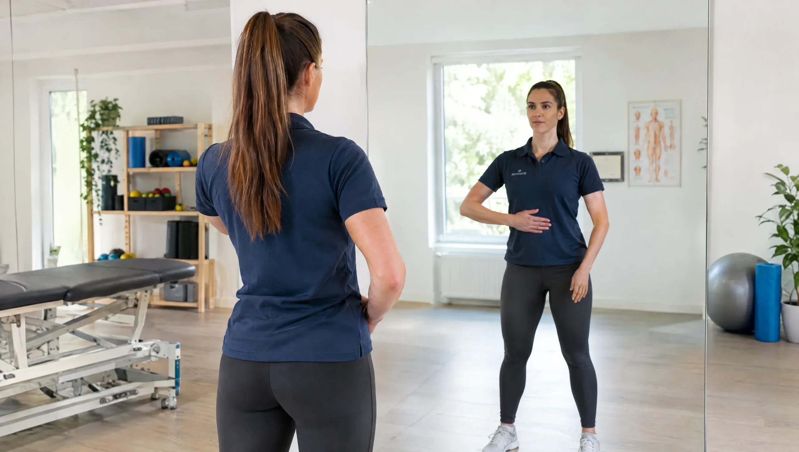 Posture and breathing exercise demonstration for Schroth method scoliosis physiotherapy