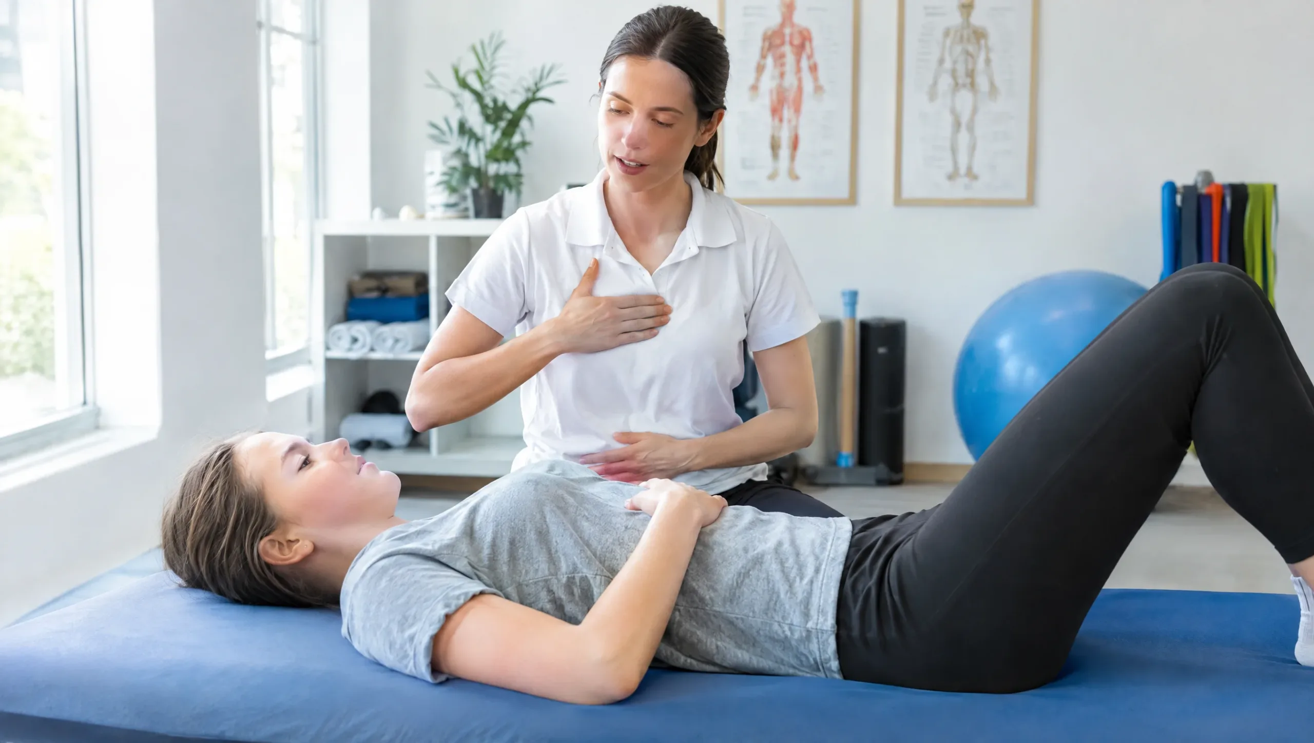 Physiotherapist demonstrating Schroth method breathing and posture exercise