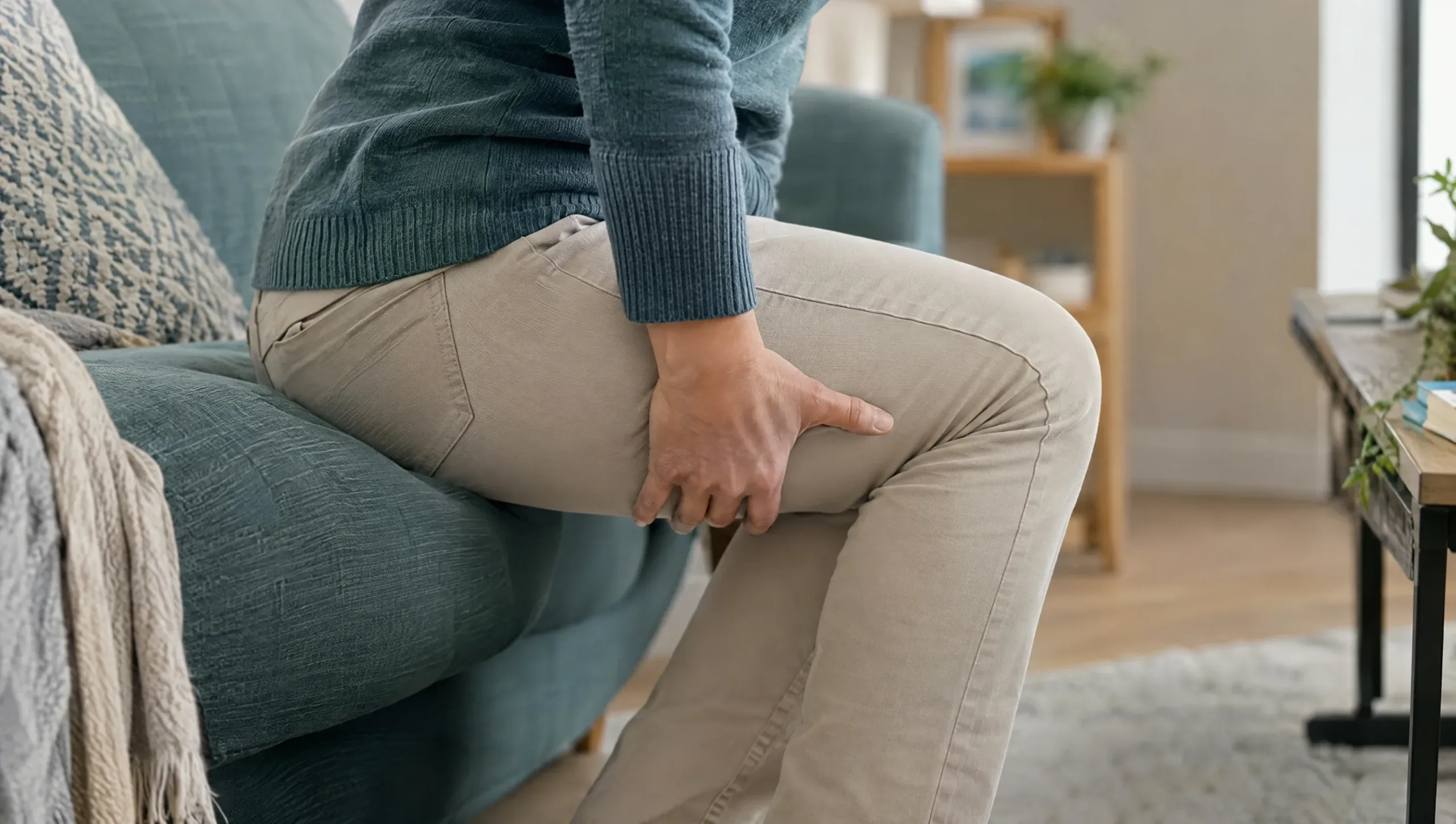 Person experiencing sciatica leg pain radiating from the lower back