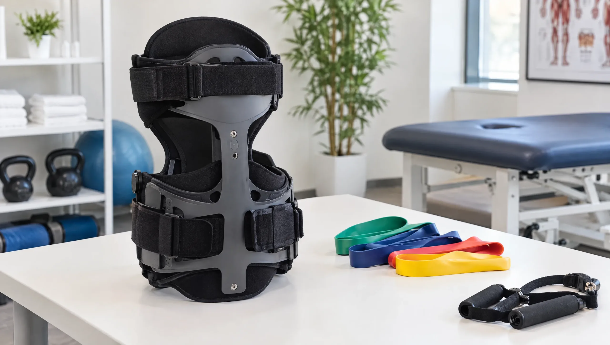 Back brace and exercise bands used alongside scoliosis physiotherapy for teenagers