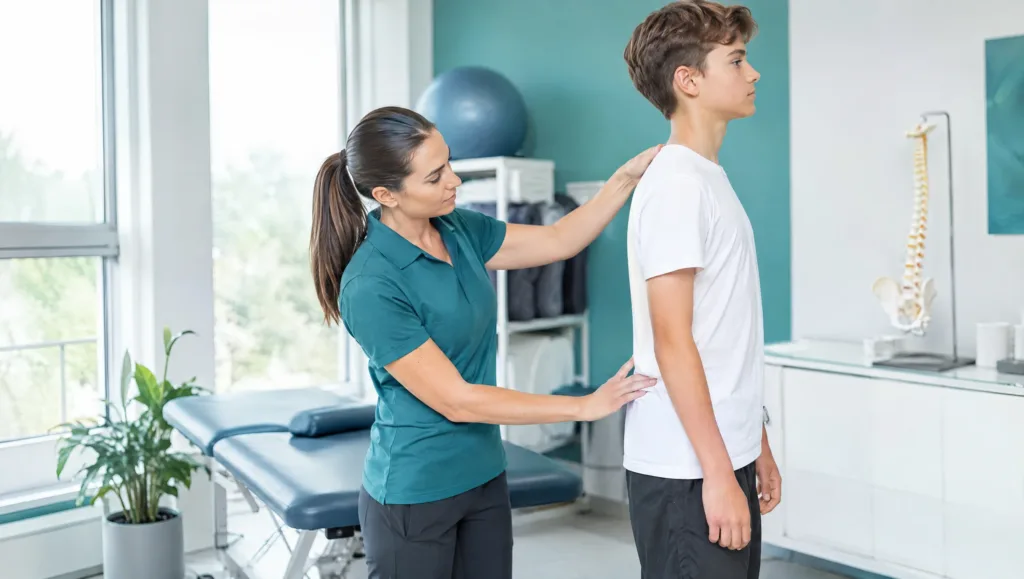 Physiotherapist assessing a teenager's posture for scoliosis physiotherapy in Rawalpindi