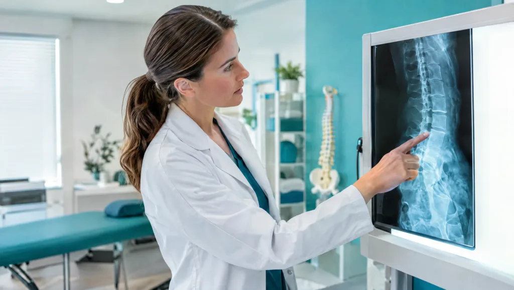 Physiotherapist reviewing a teenager's scoliosis spine X-ray in a physiotherapy clinic