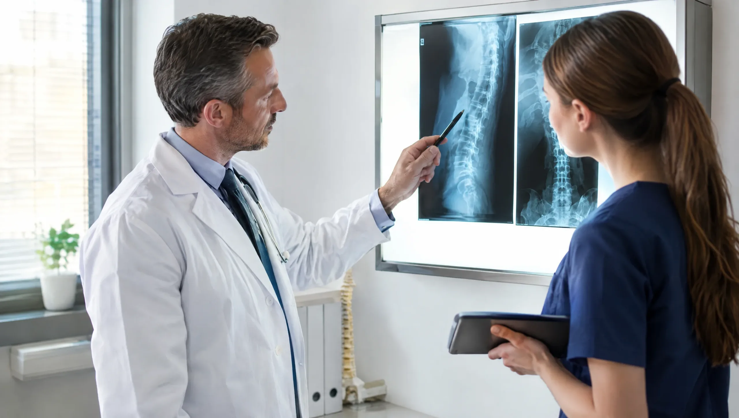 Doctor and physiotherapist discussing scoliosis treatment options including surgery