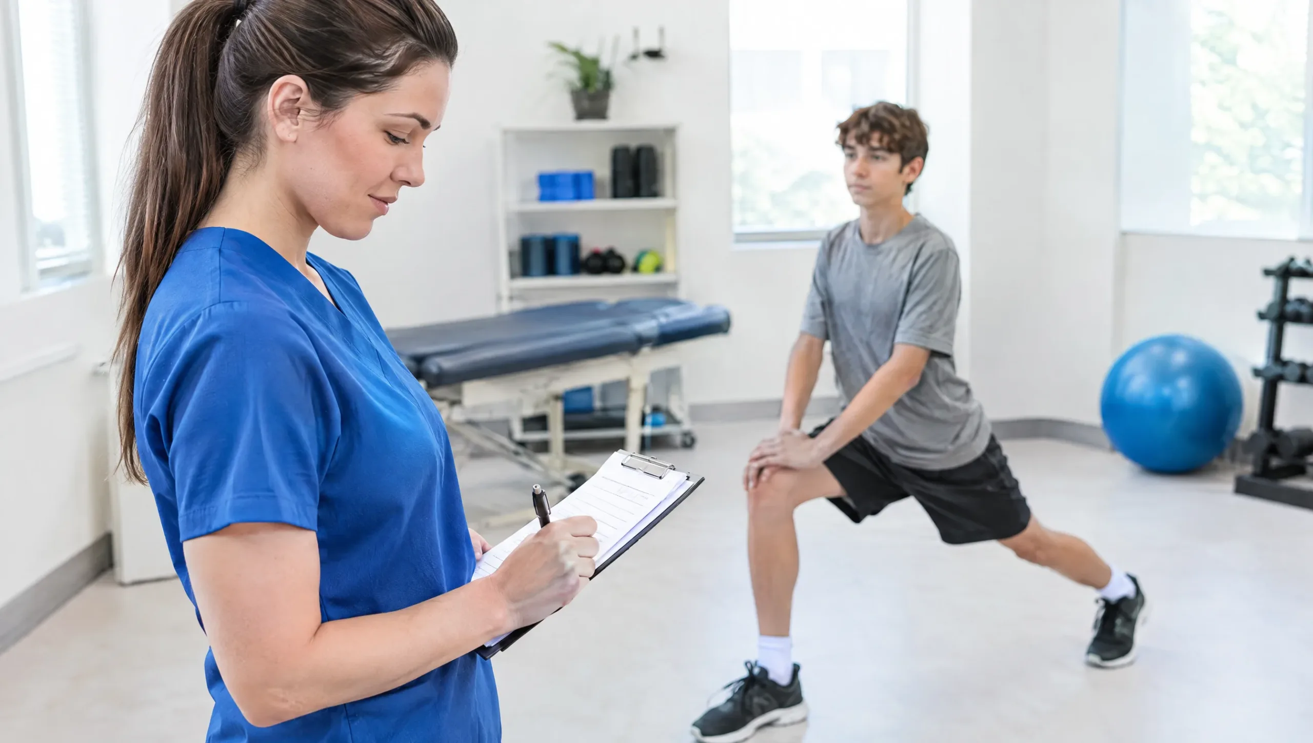 Physiotherapist reviewing a scoliosis treatment plan during a teen exercise session
