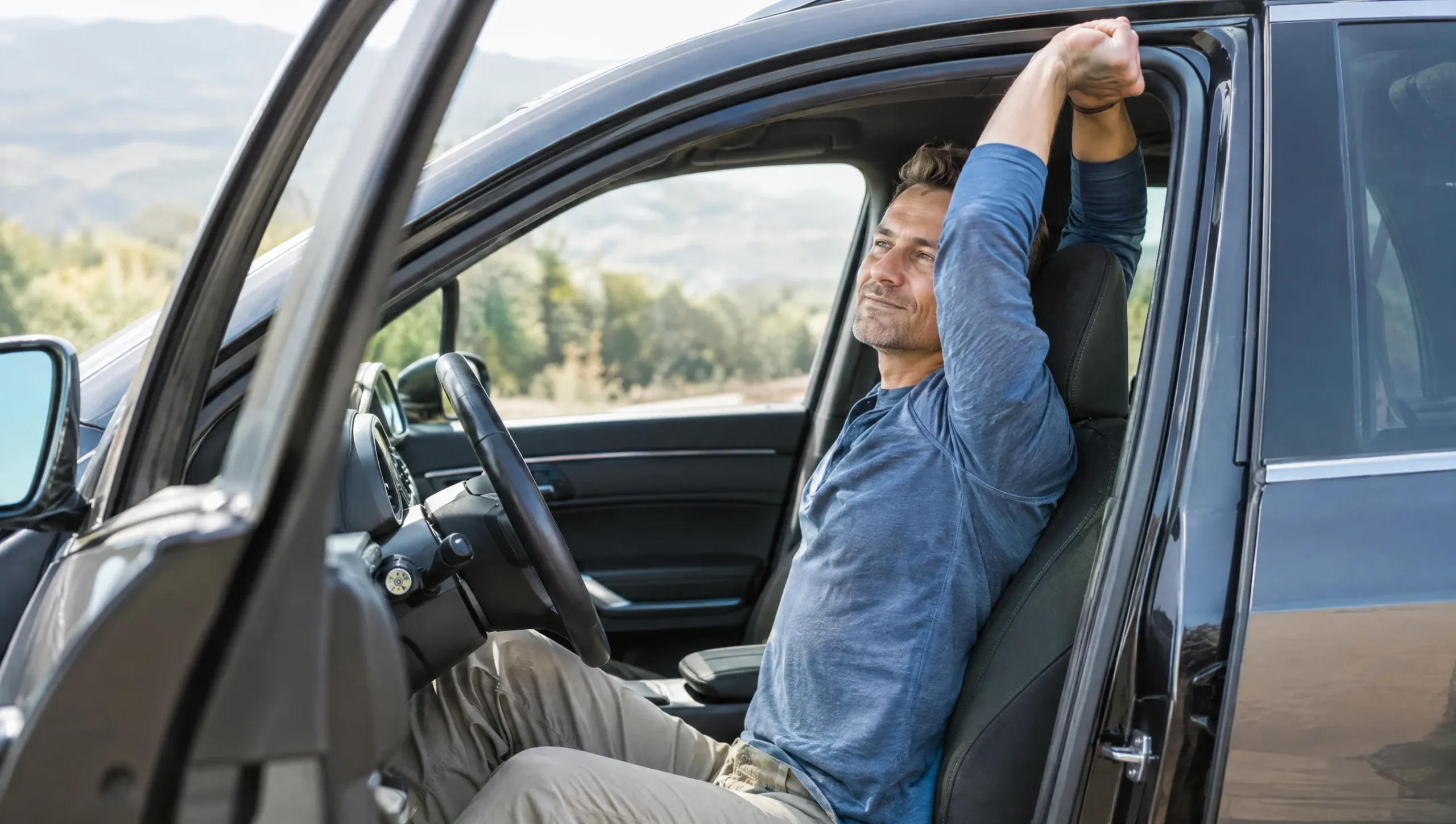 Man doing a seated stretch during a commute break to relieve back tension