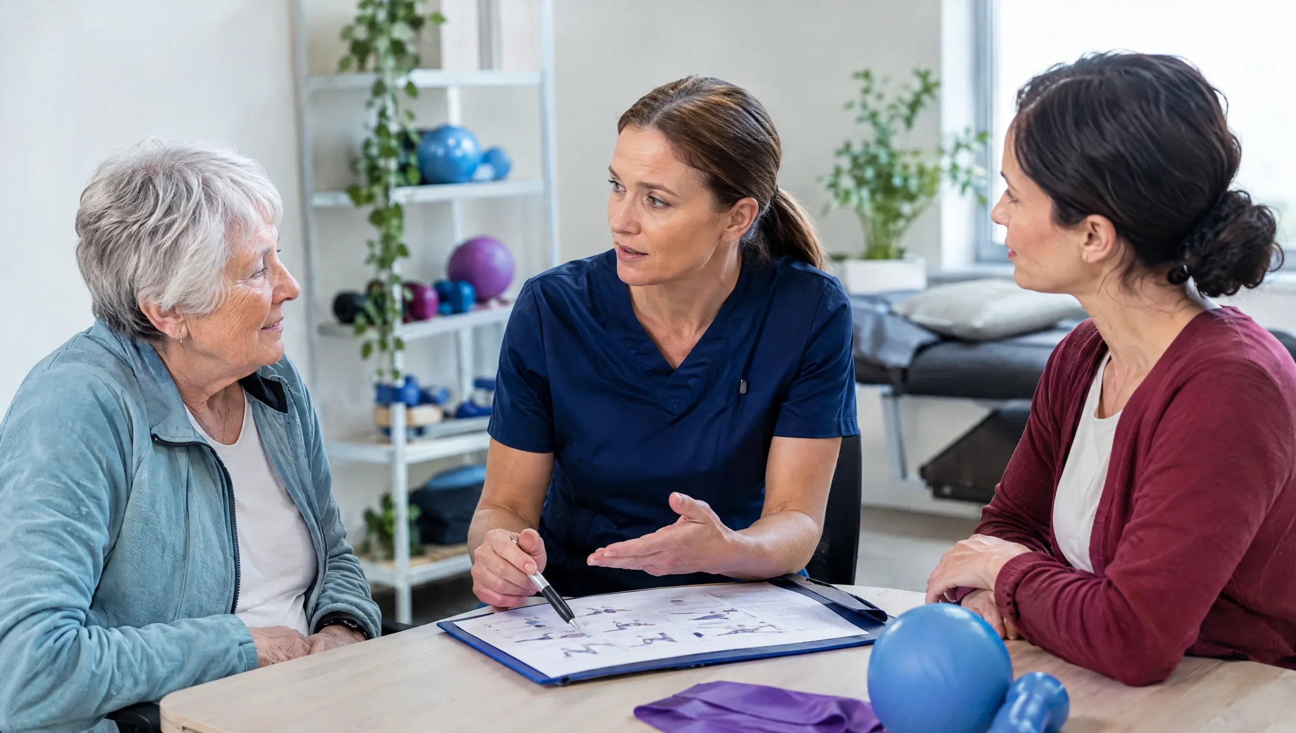 Elderly patient and family discussing a fall-prevention plan with physiotherapist
