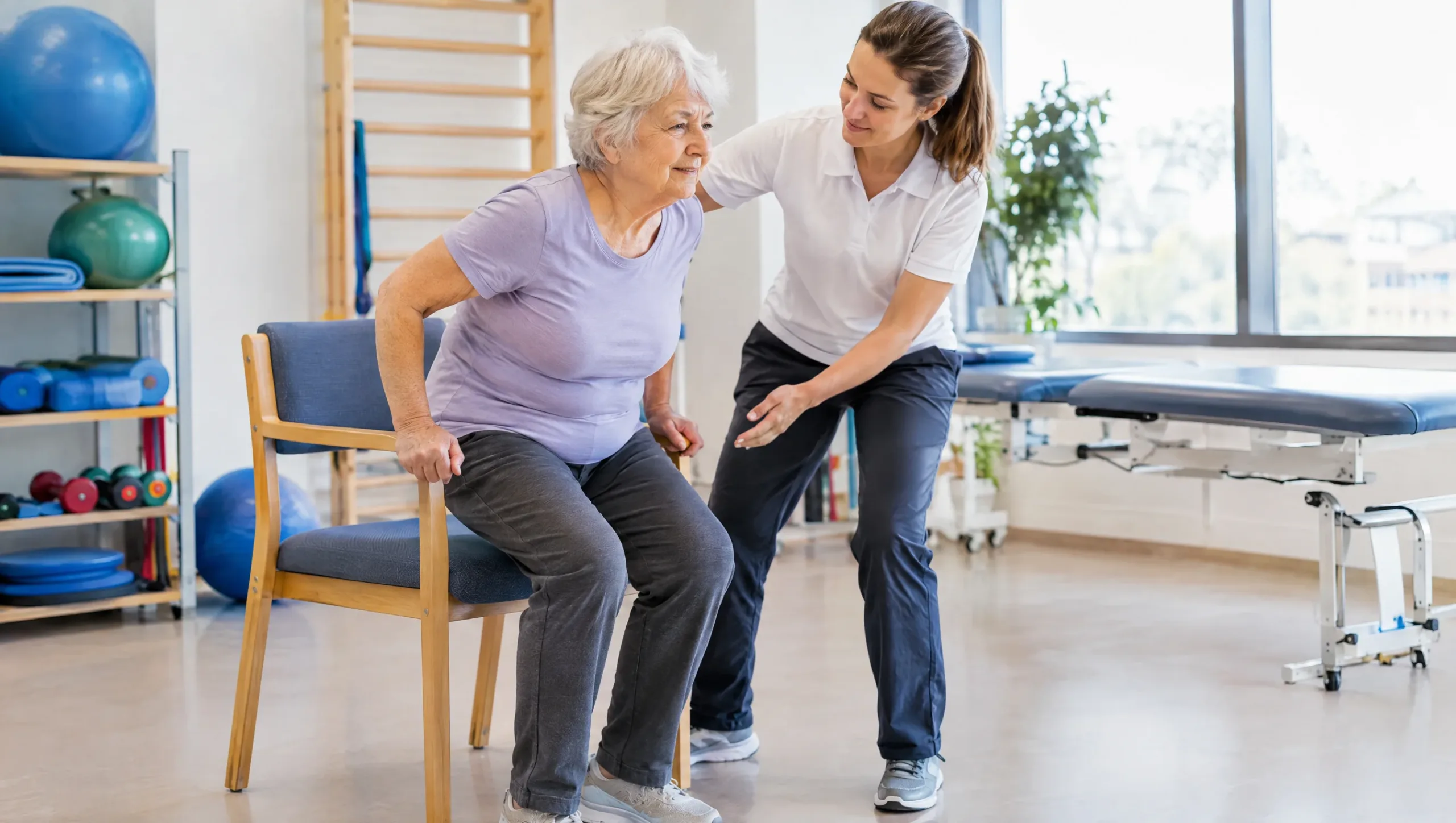 Elderly person performing a supported sit-to-stand exercise with physiotherapist