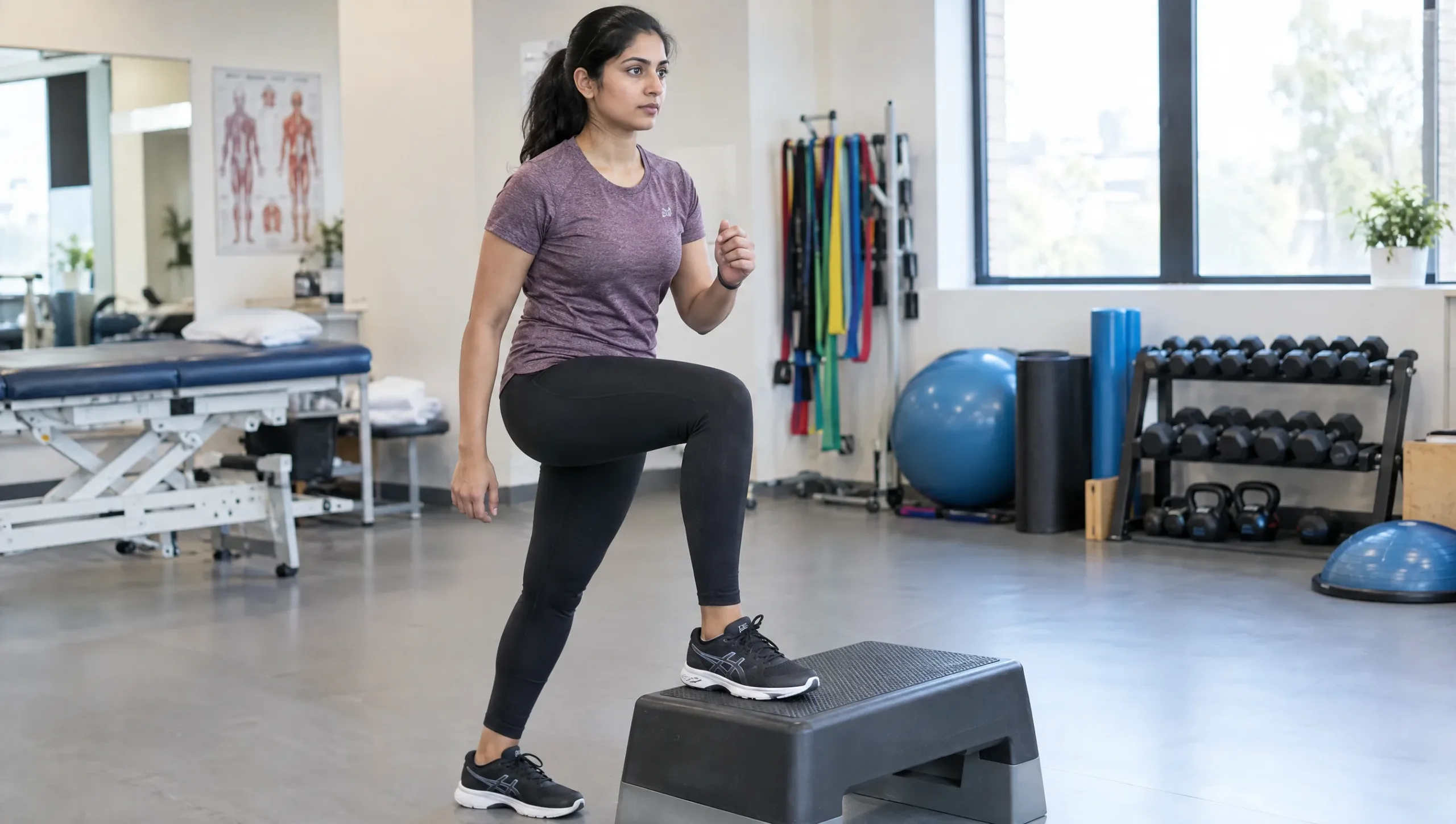 Patient performing a step-up exercise for runner's knee recovery
