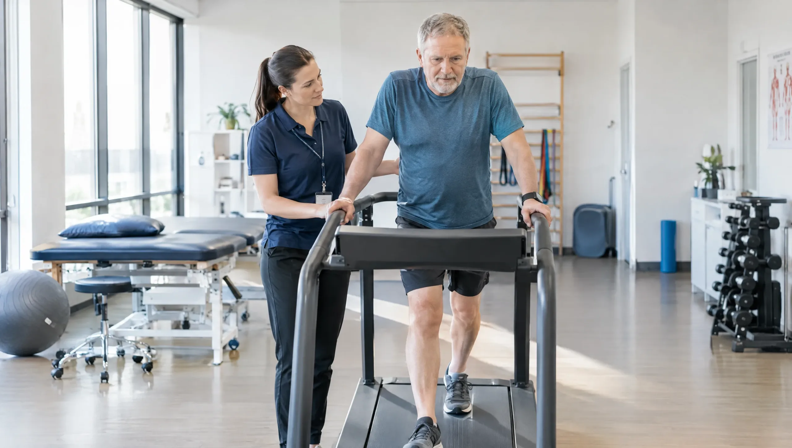 Patient walking on a treadmill under physiotherapist supervision for diabetic neuropathy exercise