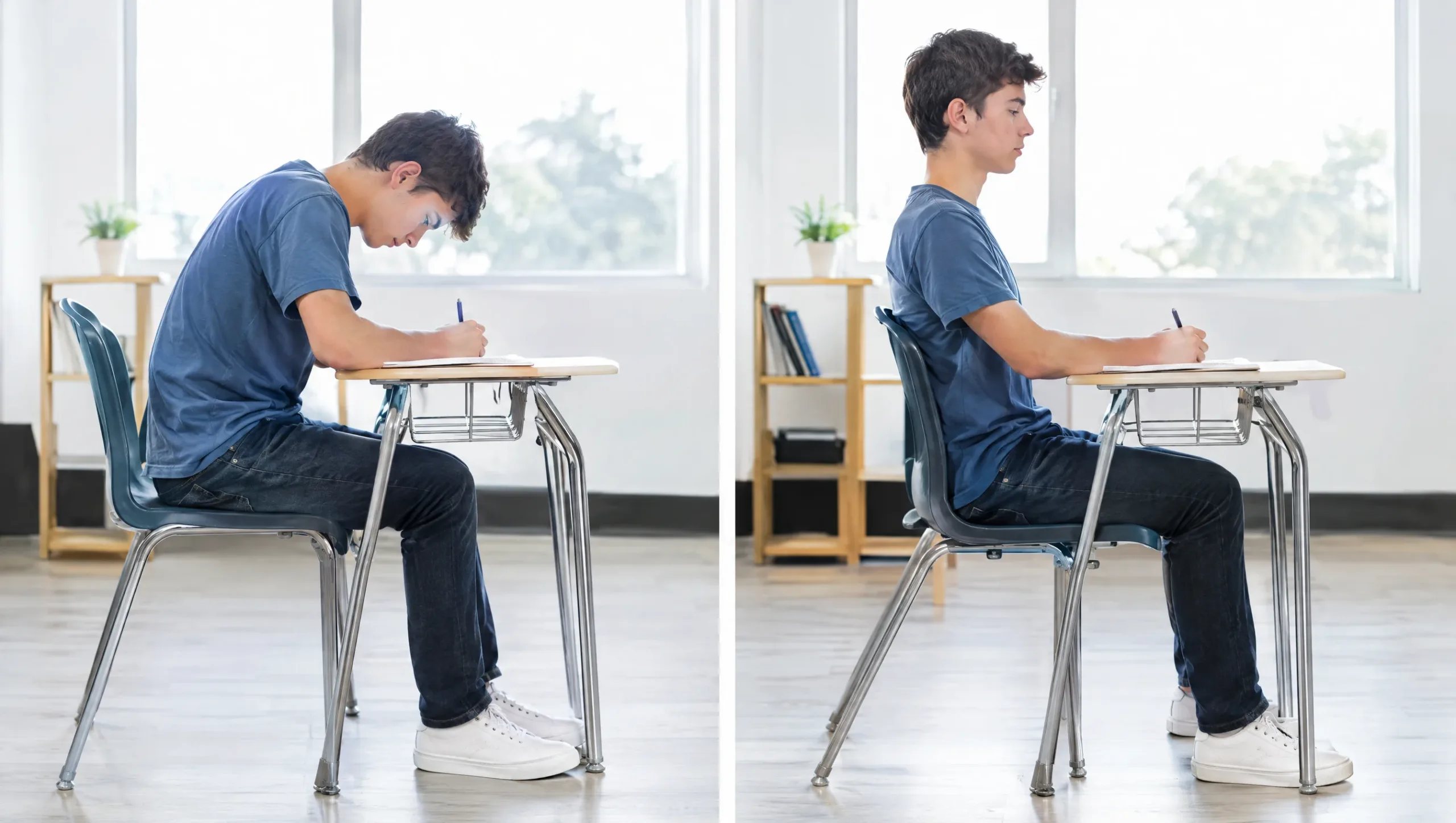 Teenager's posture at a school desk relevant to scoliosis and spine health