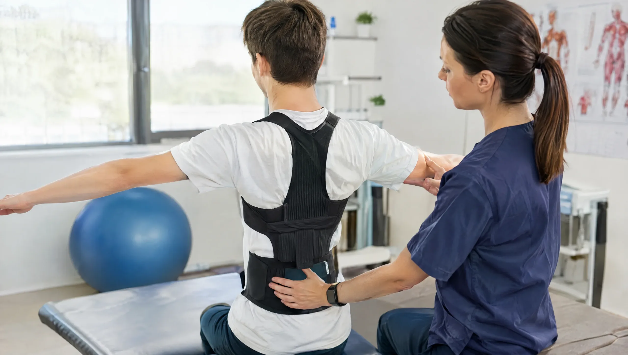 Teenager wearing a scoliosis brace doing a supervised posture exercise