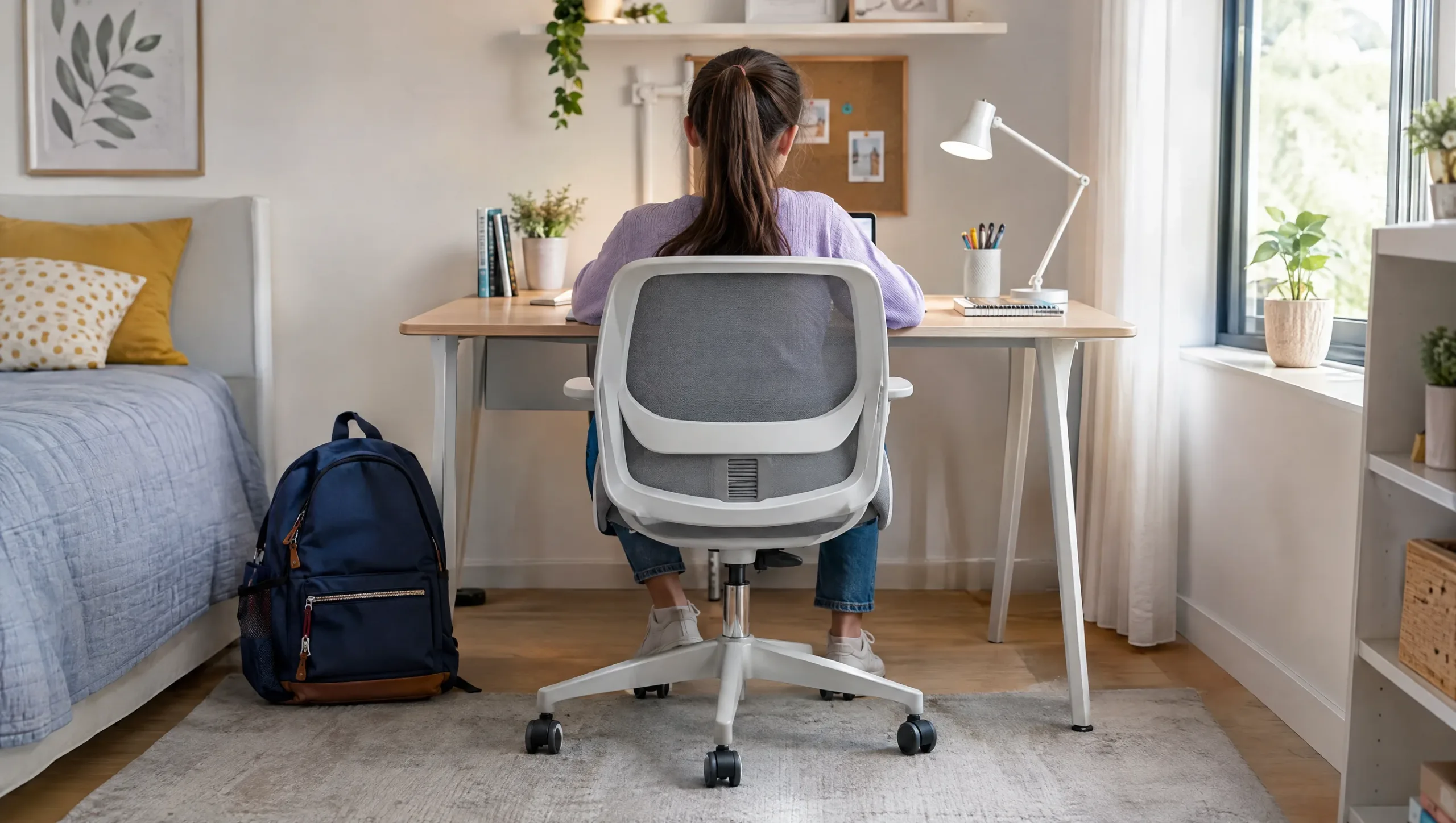 Teenager's backpack and desk setup showing posture habits that affect scoliosis