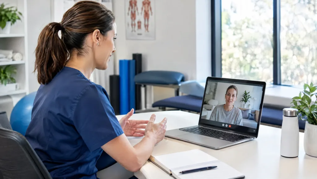 Telehealth physiotherapy consultation between physiotherapist and patient via video call