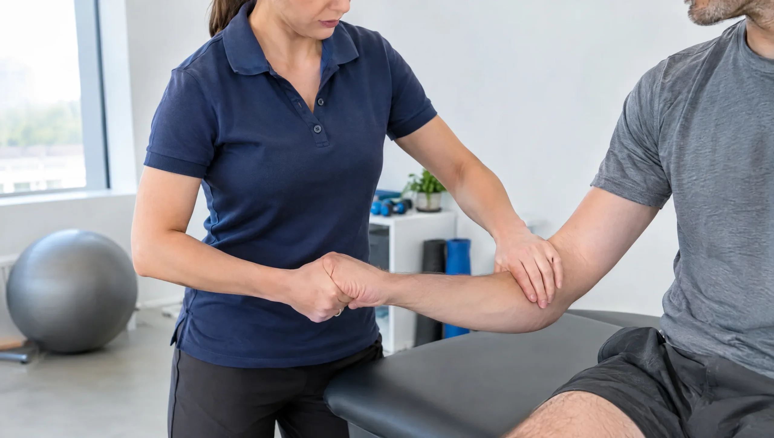 Physiotherapist performing a wrist resistance special test to diagnose tennis elbow
