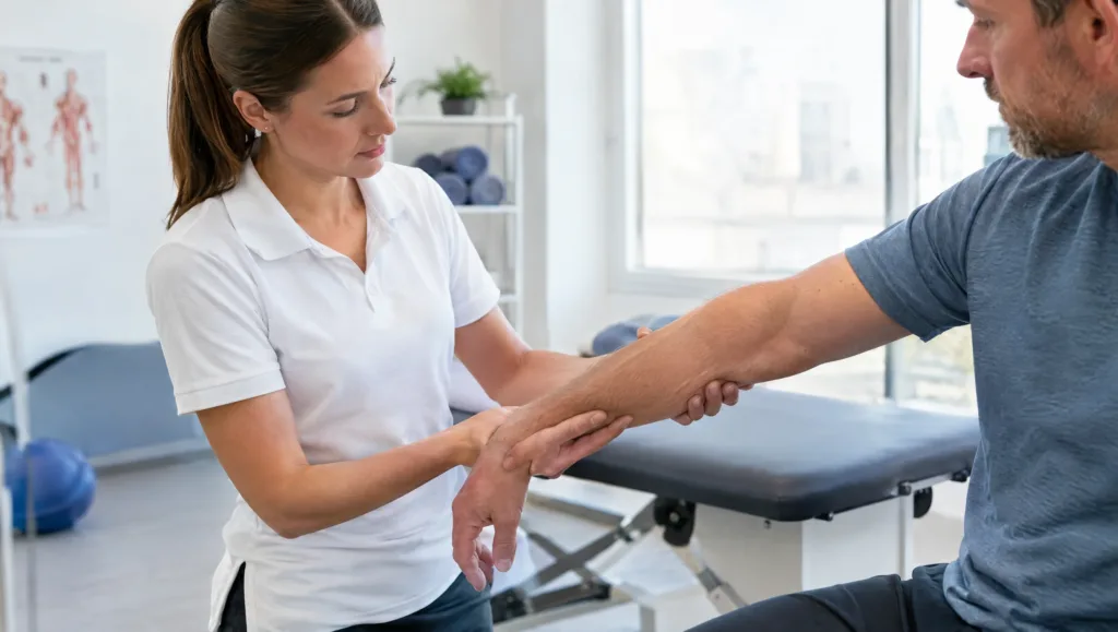 Physiotherapist examining a patient elbow for tennis elbow and golfers elbow assessment