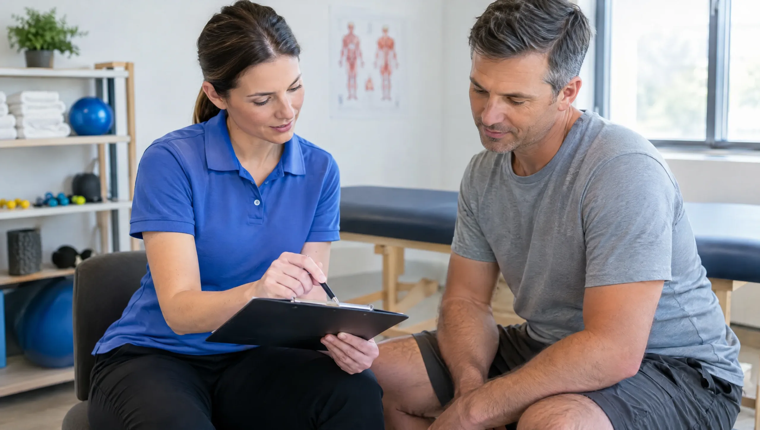 Physiotherapist reviewing a tennis elbow physiotherapy recovery timeline with a patient