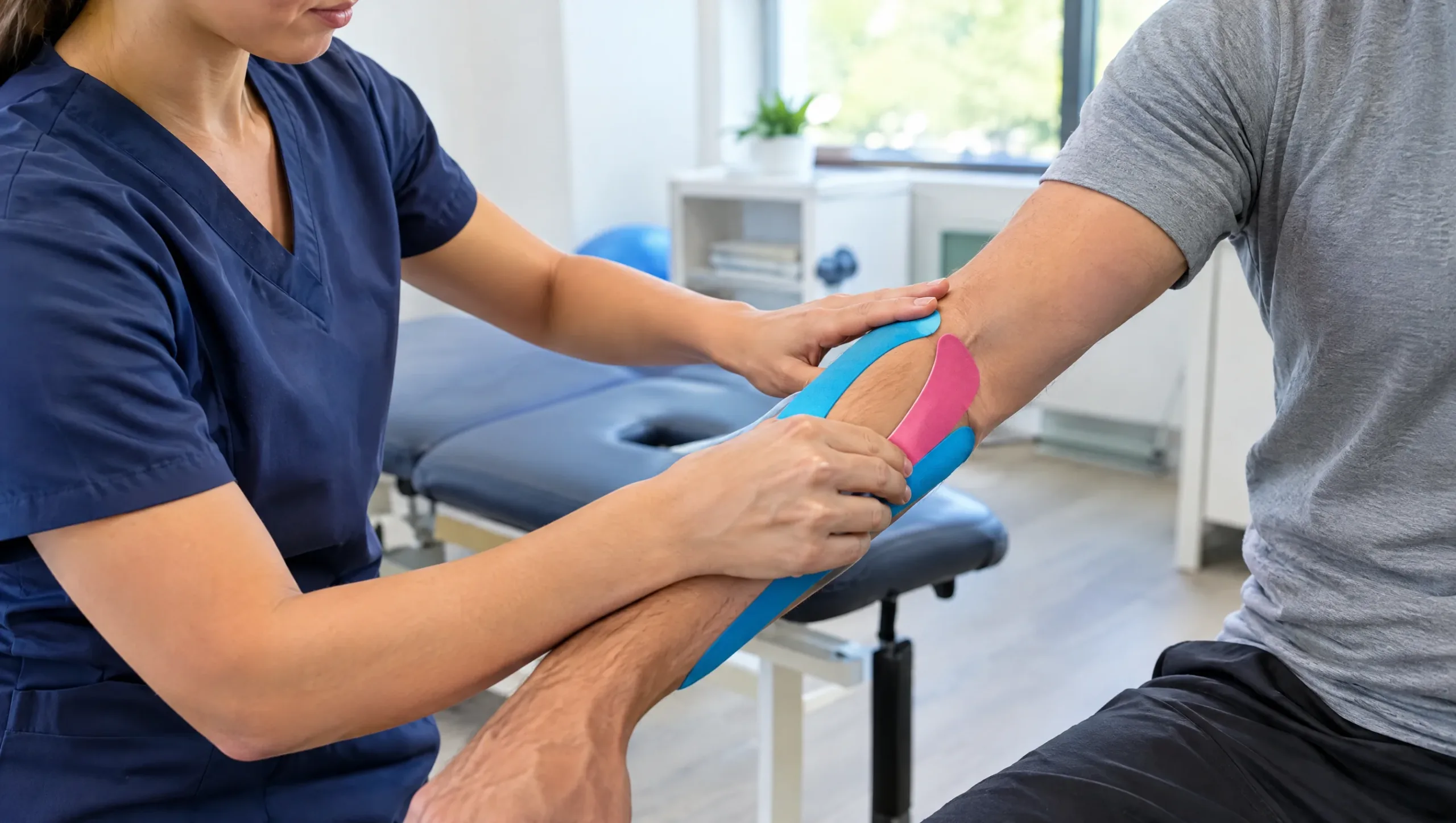 Physiotherapist applying kinesiology tape to a patient forearm for tennis elbow support