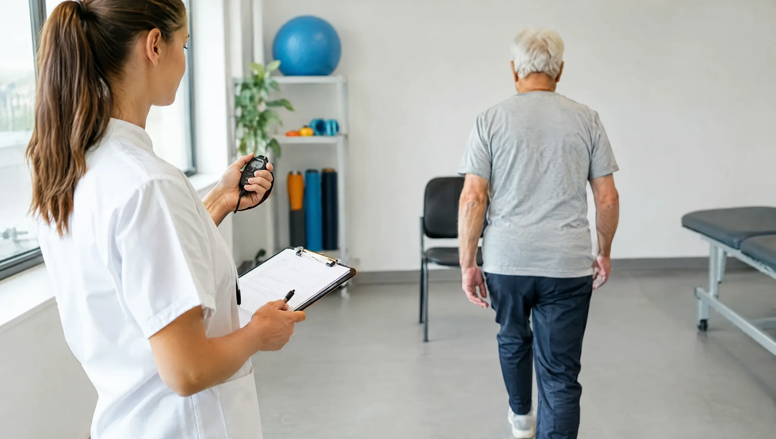 Physiotherapist timing an elderly patient during a Timed Up and Go fall-risk test