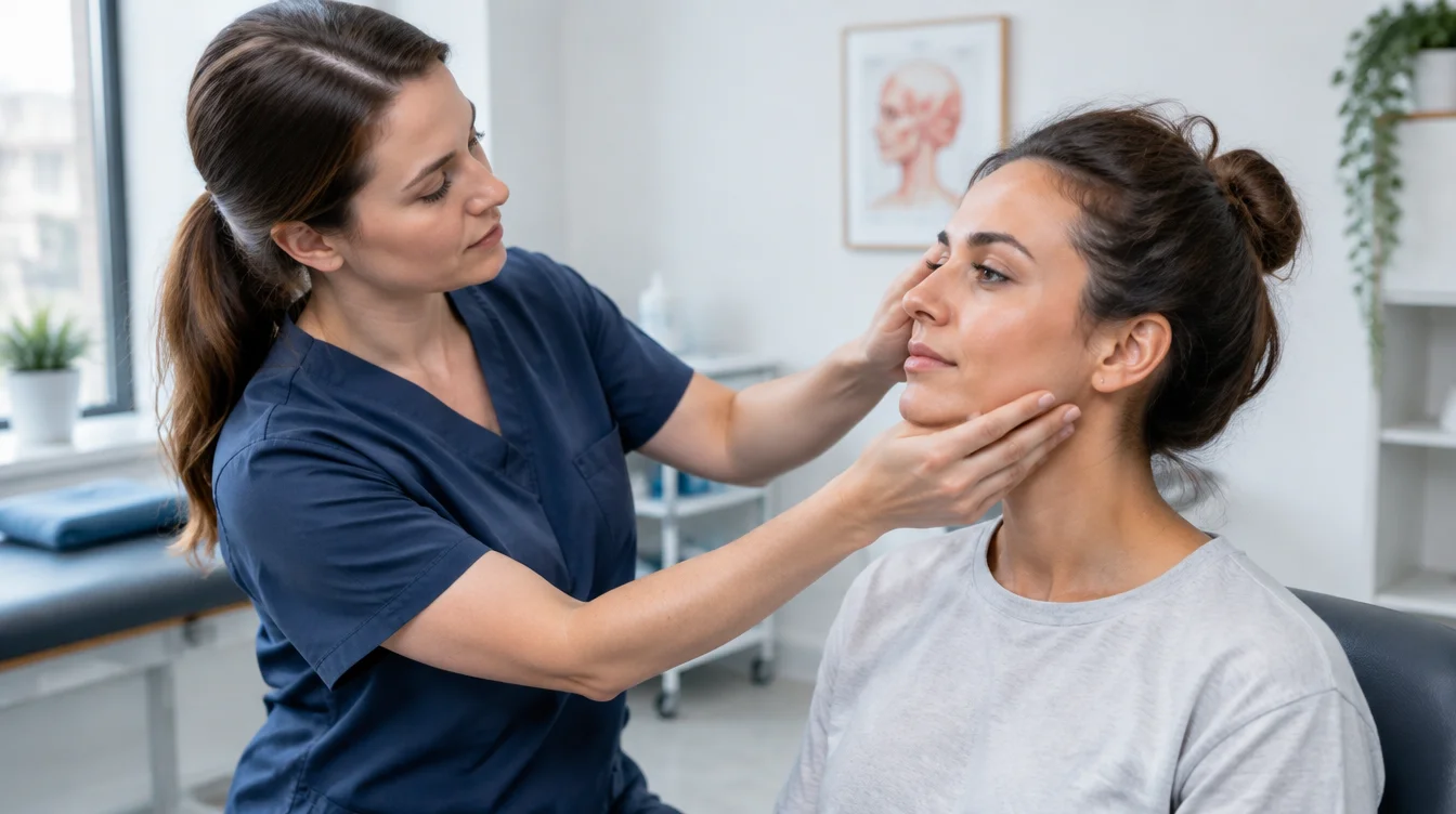 Physiotherapist assessing jaw and TMJ joint mobility in a patient