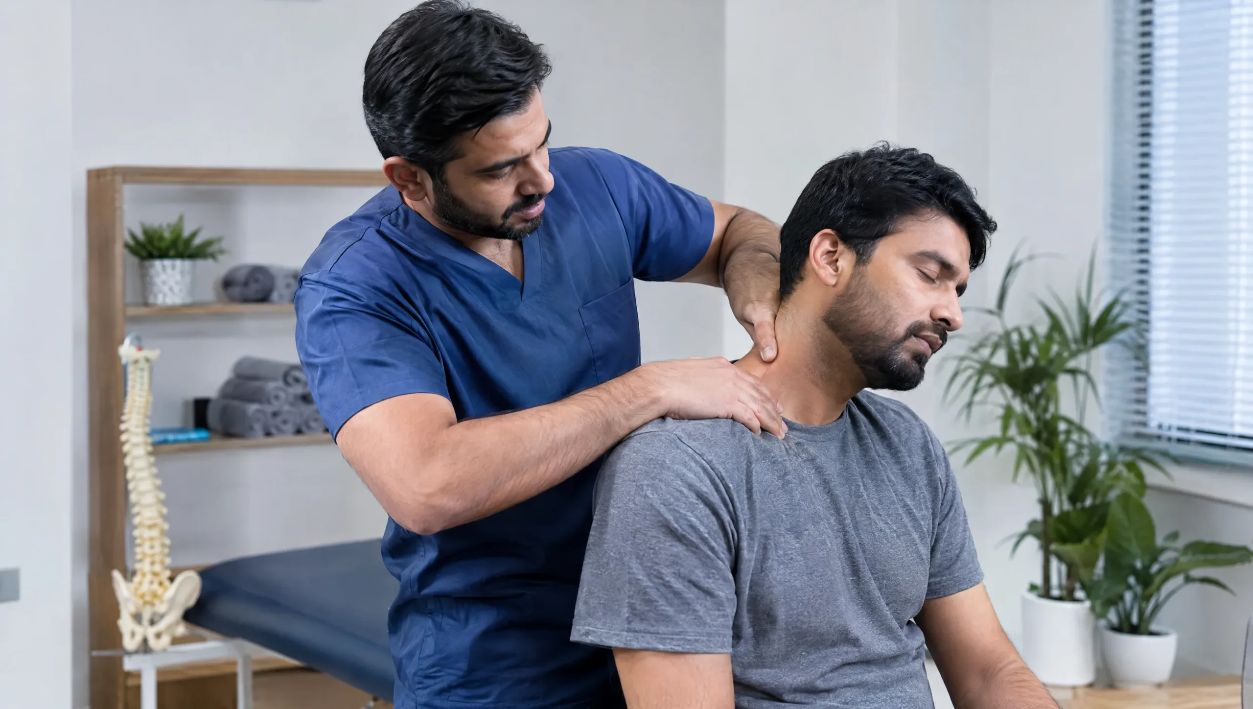 Physiotherapist performing trigger point therapy for whiplash recovery