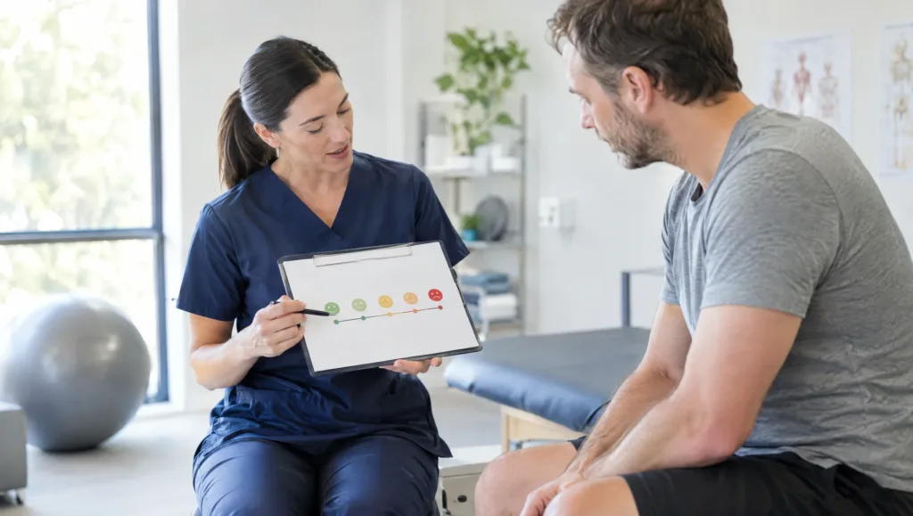 VAS pain scale calculator demonstration in a physiotherapy clinic