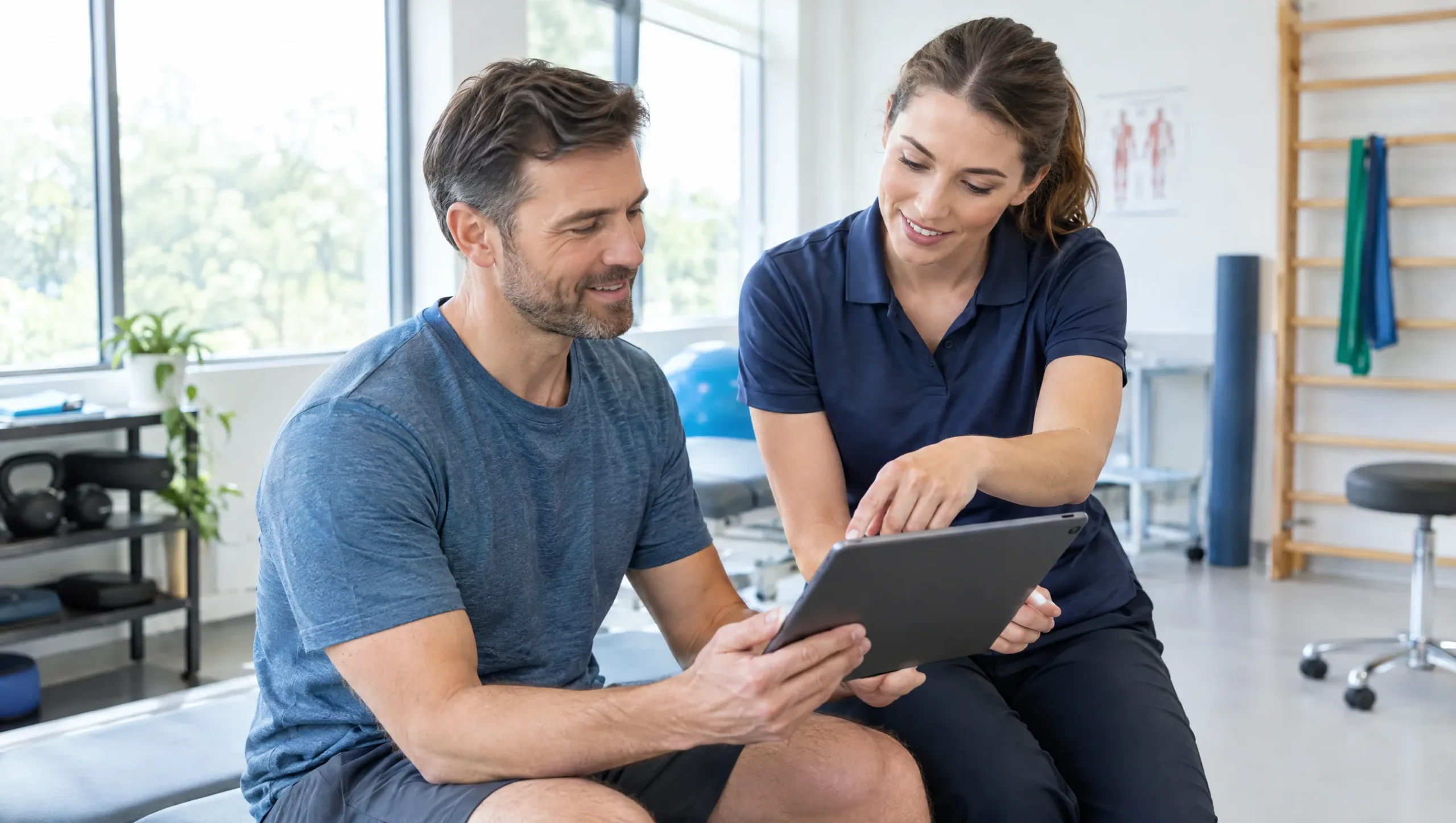 Patient using the VAS pain scale calculator on a tablet with a physiotherapist
