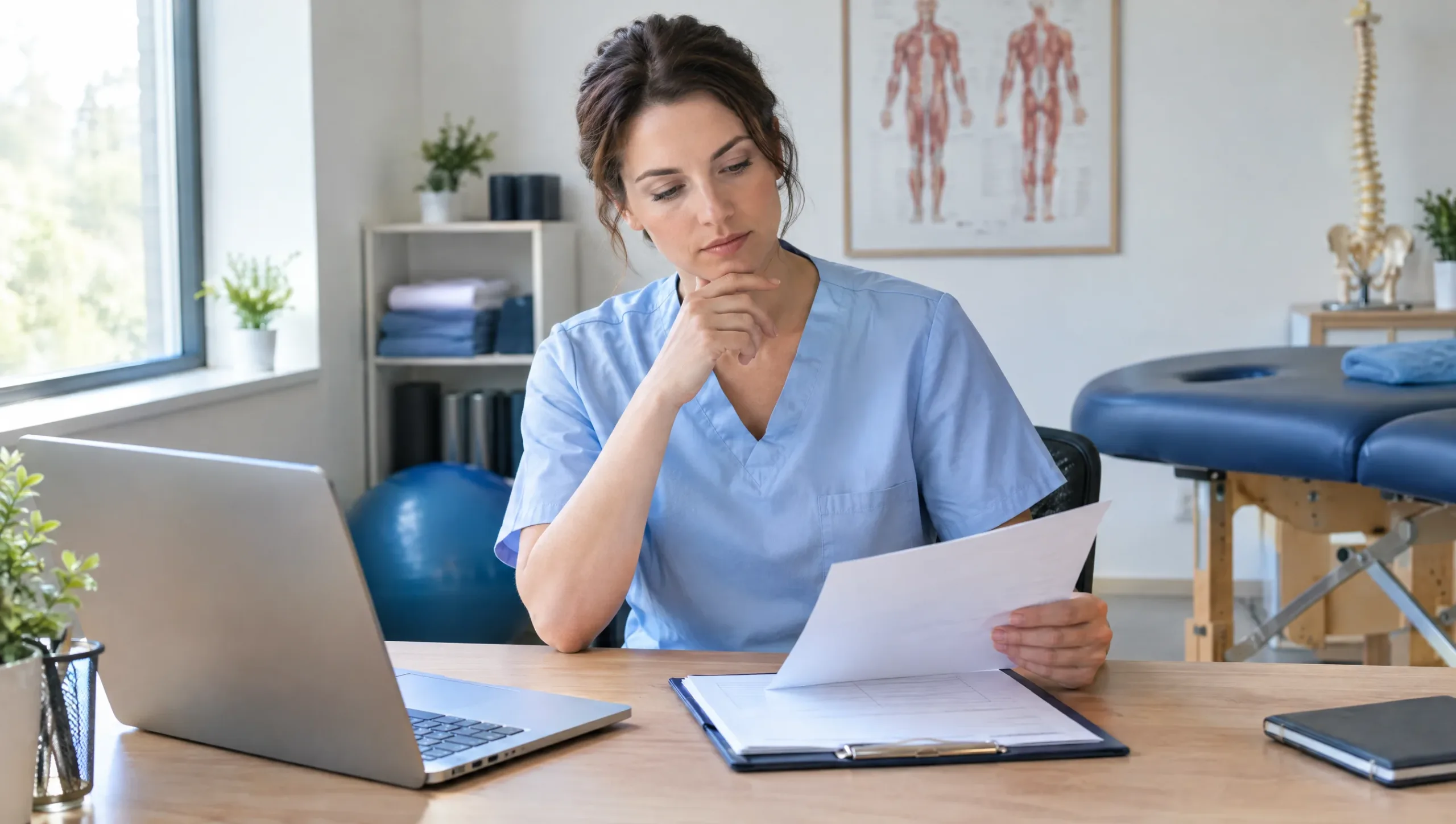Physiotherapist reviewing patient pain tracking notes