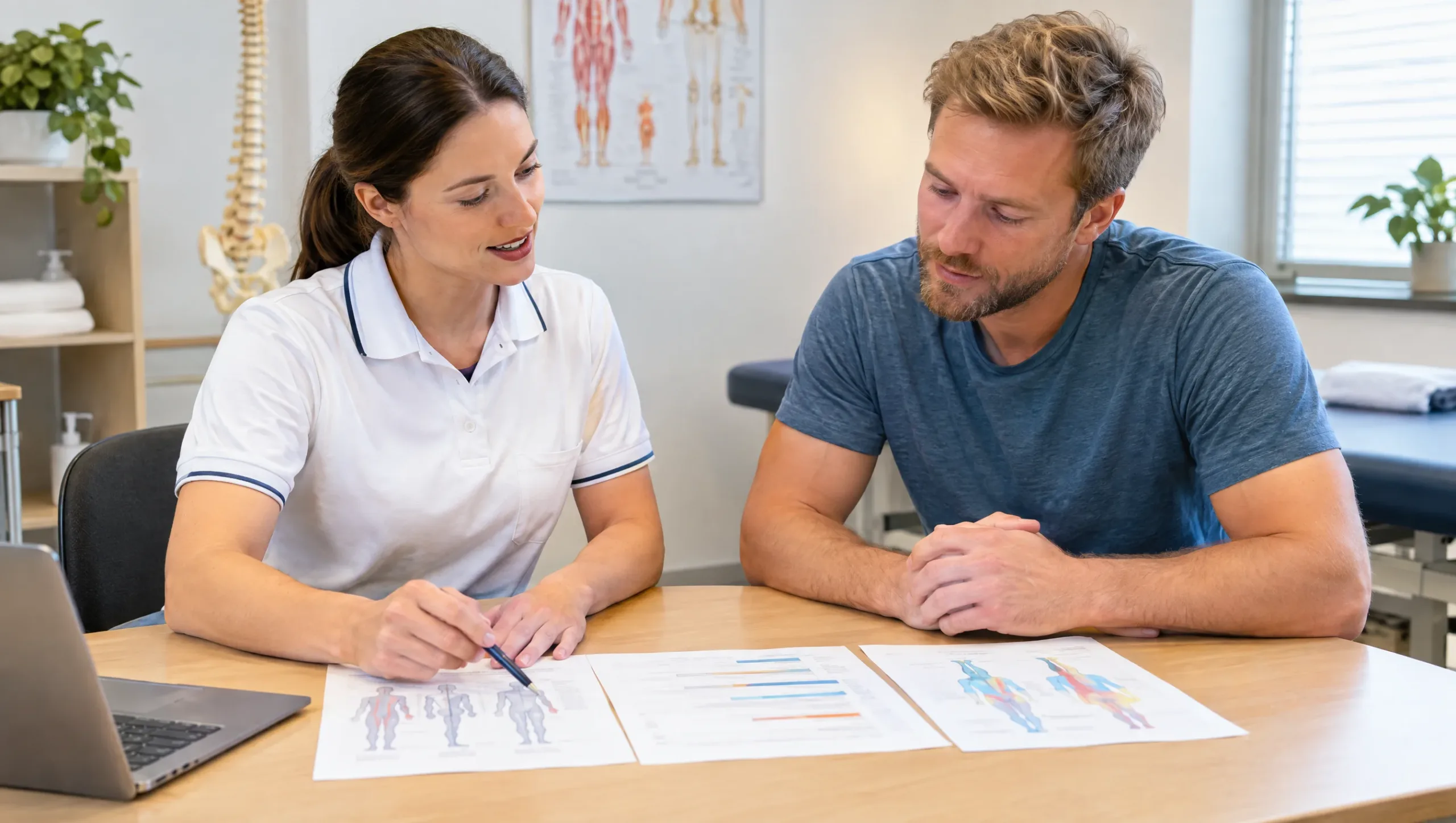 Physiotherapist comparing pain assessment scales with a patient