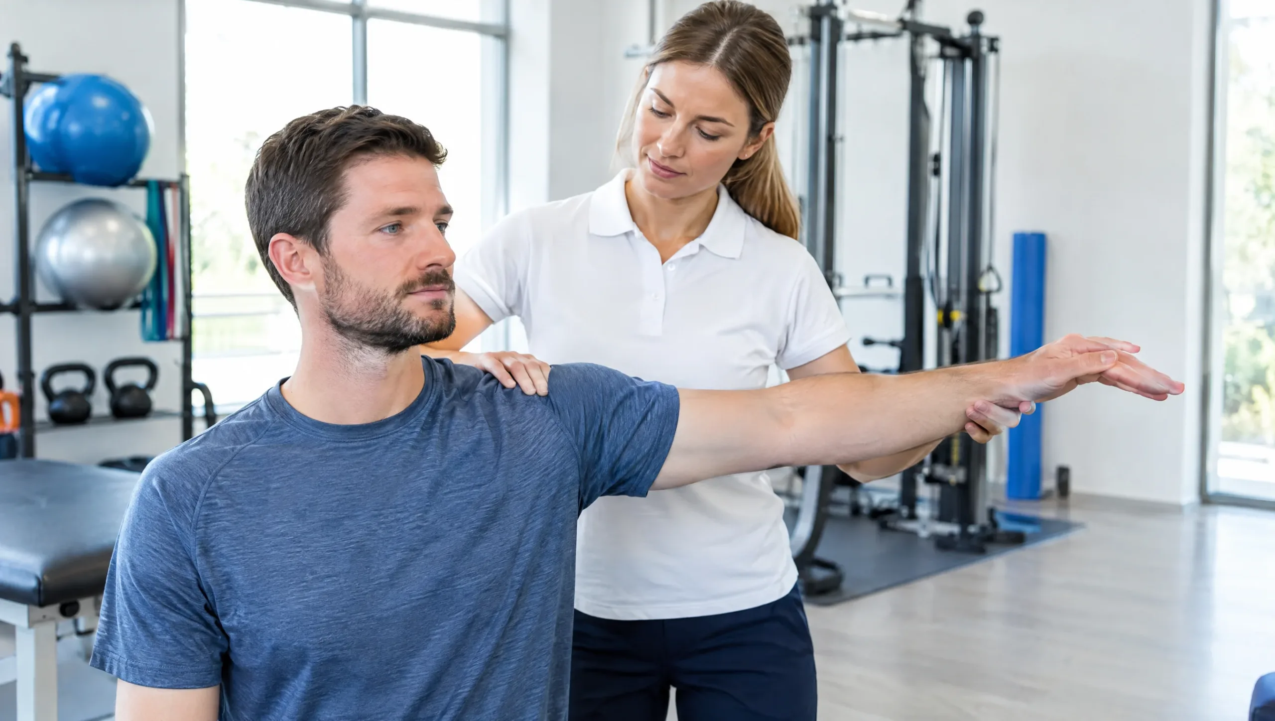 Physiotherapist tracking pain progress during a rehab session