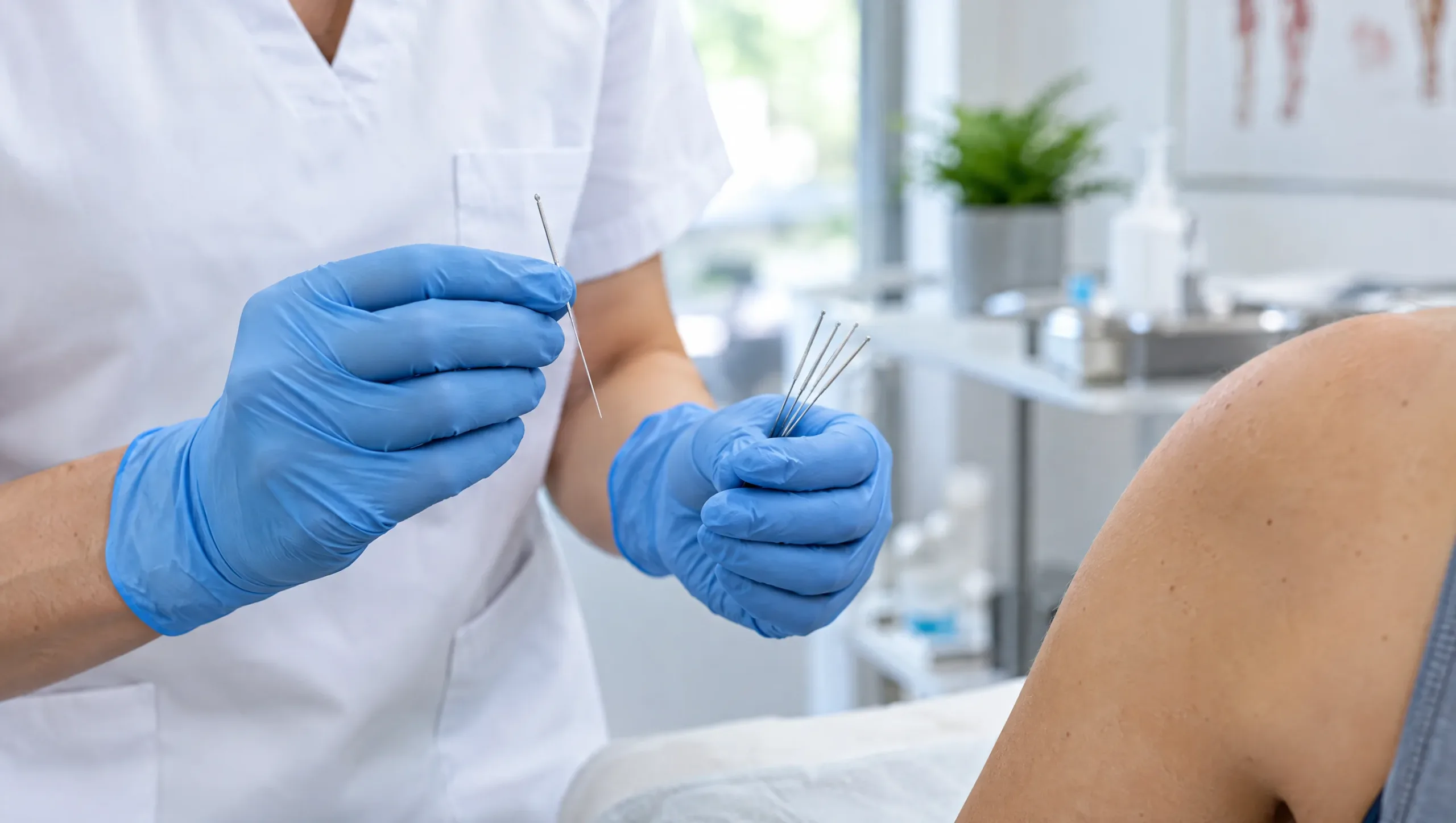 Physiotherapist performing dry needling physiotherapy near a patient's shoulder muscle