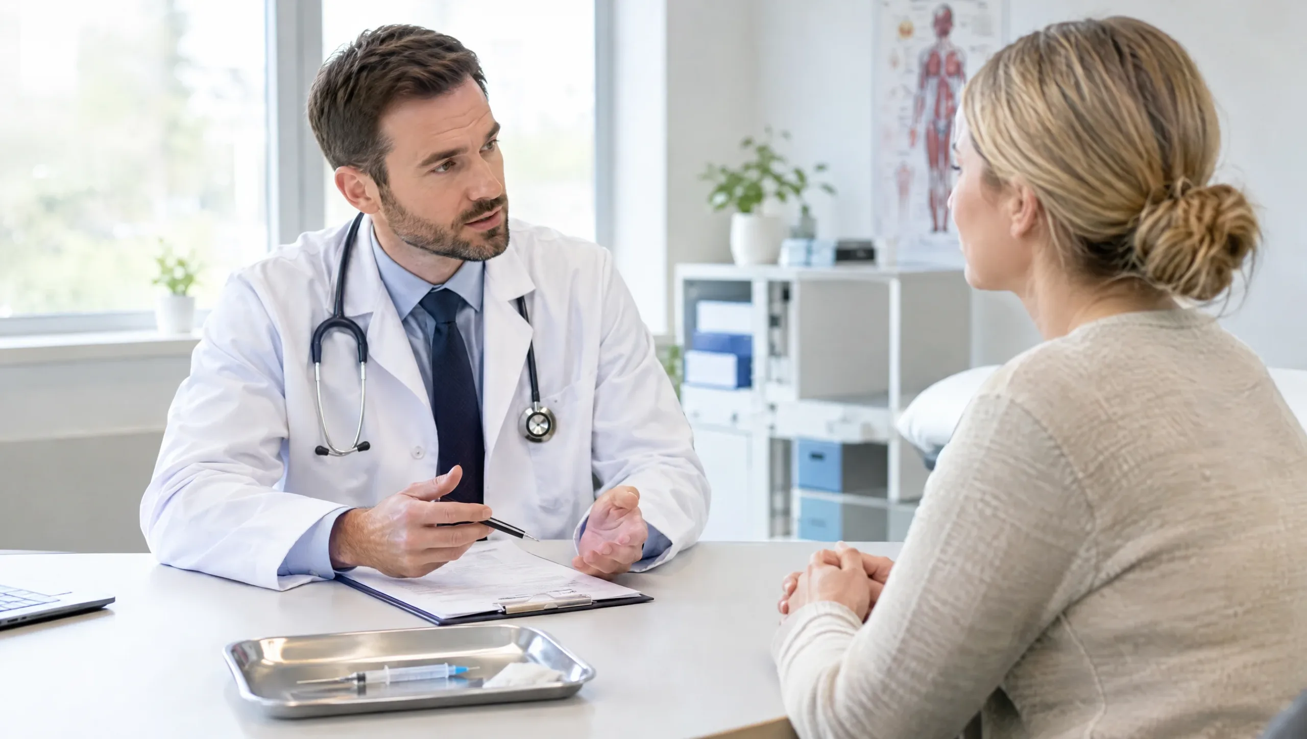 Doctor discussing injection and further treatment options for persistent wrist pain
